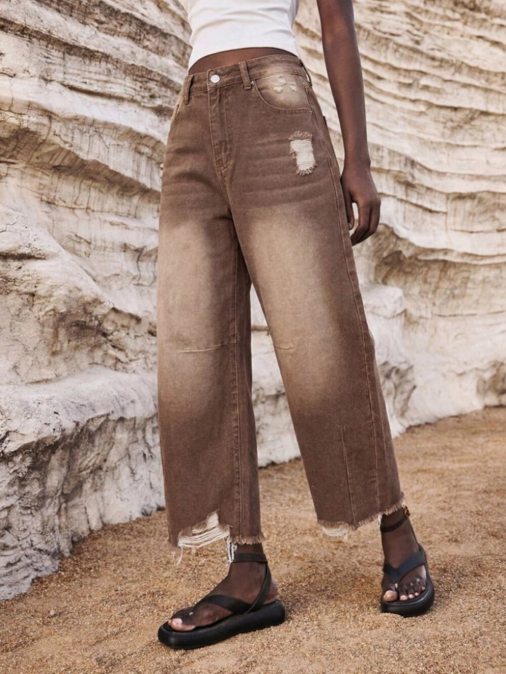 Muted Tan Denim Jeans with Distressed Rips